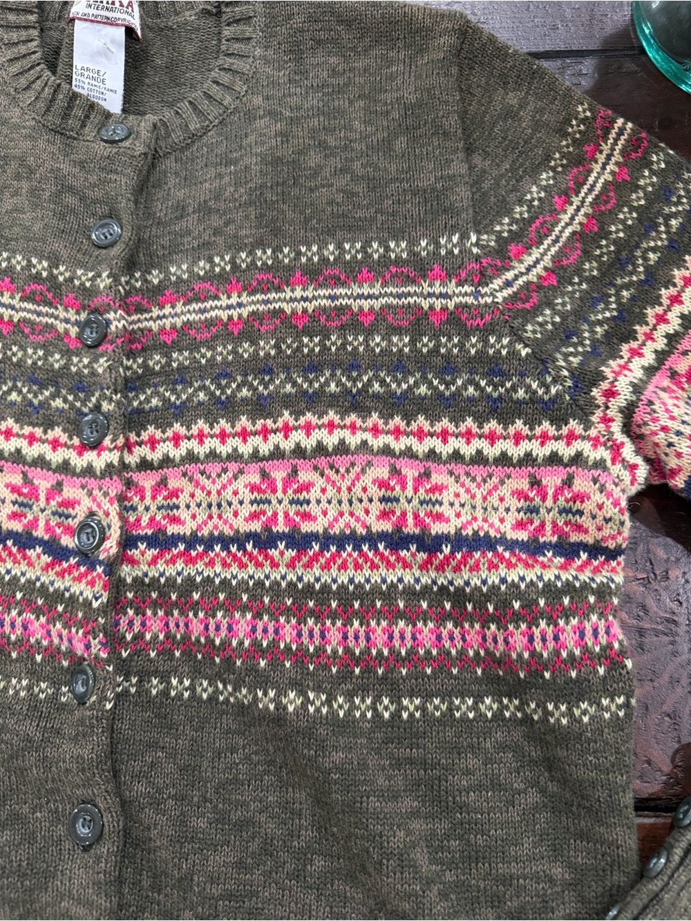 Vintage Tiara Fair Isle Cardigan Sweater Olive Green Pink Ramie Cotton Womens L - Picture 2 of 11